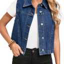 Sidefeel Women's Denim Vest Sleeveless Collared Zimbaplatinum Crop Jean Vest Top Button Down Waistcoat (Medium, Dark Blue)