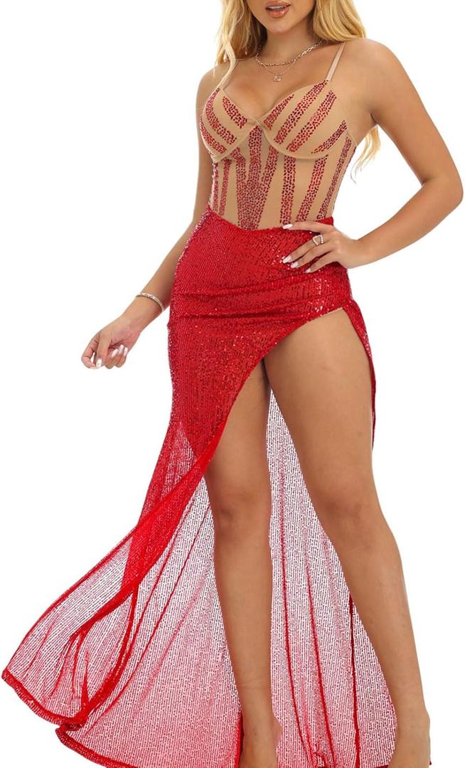 Women's Sparkly Sequin Prom Dresses Long Mermaid Evening Gown Red Spaghetti Straps Glitter Formal Ball Gown with Slit (M, 789)