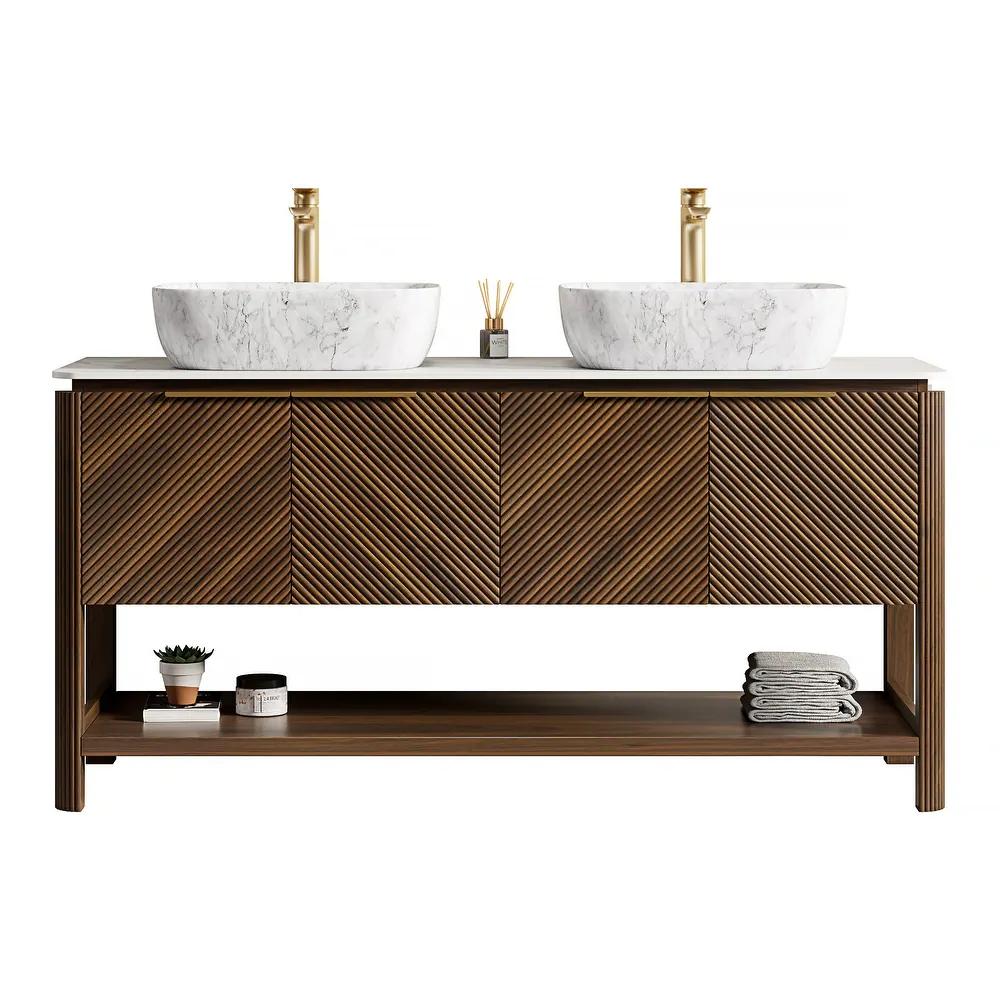 60" Bathroom Vanity with Sink, Freestanding Bathroom Storage Cabinet with 2 Marble-Pattern Ceramic Basins & 4 Striped Doors, Floor Stand Vanity Combo with Bottom Open Shelf, Dark Walnut