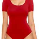 MANGOPOP Double Lined Long Sleeve Bodysuits for Women Scoop Neck Thong Short Bodysuit Tops Seamless (Red, S)