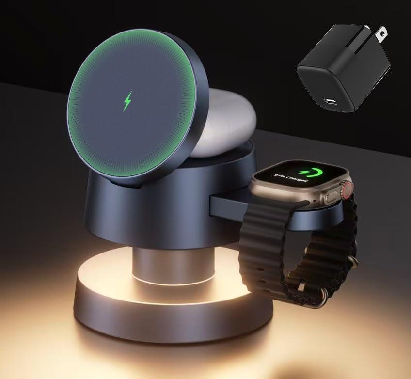 iVANKY for iPhone 16 Pro Max 4 in 1 Wireless Charging Station Cube with Night-Lamp and 30W Adapter for MagSafe Magnetic Charger, 22.5W Travel Stand, 3-in-1 Fast Charge for Apple iWatch Ultra, Airpods