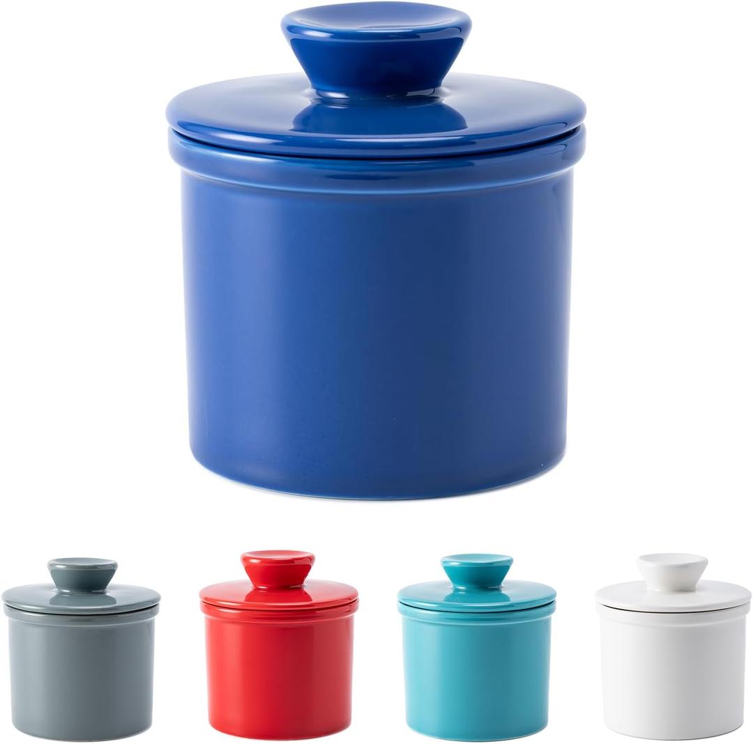 Husfunov Butter Crock with Water Line for Countertop, French Butter Dish with Lid, Ceramic Butter Keeper for Fresh Spreadable Butter, Butter Container Holder for Kitchen and Home Decor, Dark Blue