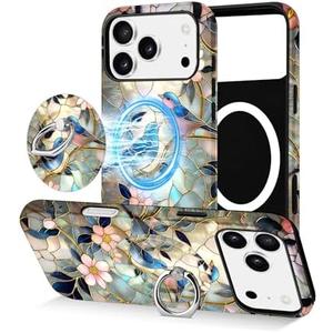 Jusy Compatible with Magsafe Stained Glass Phone Case for iPhone 17 Pro, Cute Aesthetic Magnetic Ring Holder Stand Case, Soft TPU and Hard PC Protective Phone Cover for Women Girls - Bird