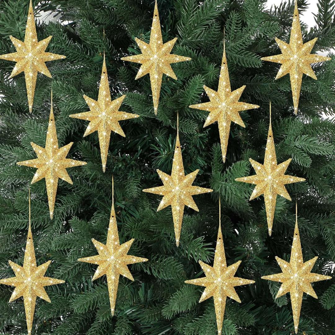 Quzzil 12 Pcs Christmas Gold Bethlehem Star Ornament 4.72 x 2.95 Inch Star of Bethlehem Christmas Tree Topper Glitter Ornament Plastic Nativity Stars Hanging Decor Accessories