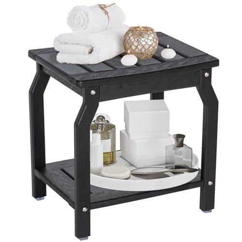 LOENIY 2-Tier HDPE Shower Bench with Non-Slip Foot Pads, Wood-Like Spa Shower Stool for Inside Shower, Ergonomic Waterproof Bathroom Bench Seat with Storage Shelf, for Seniors & Adults (Black)