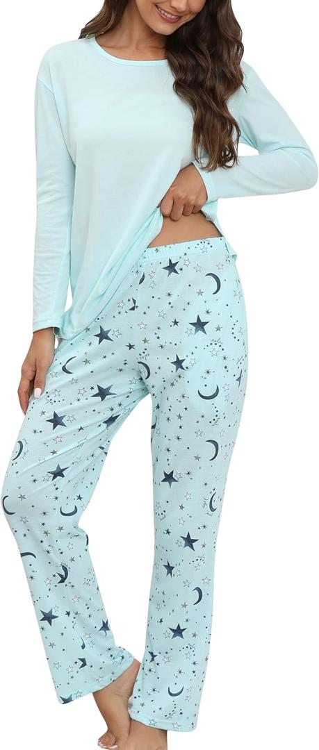 PNAEONG Women's Cotton Long-Sleeve Tops and Full-Length Pajama Set Two-Piece Pjs with Pockets SY008 (XX-Large, Blue Star)