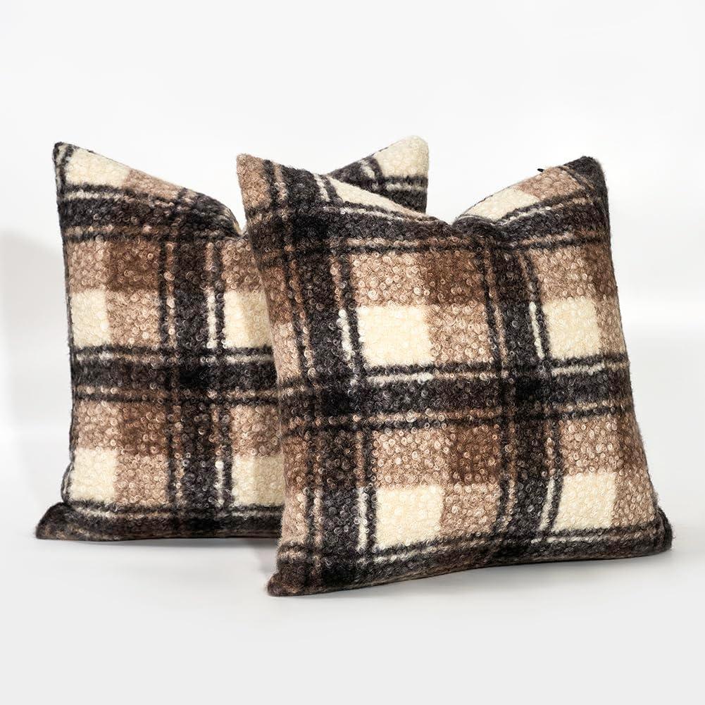 JOJOGOGO Fall and Winter Brown Buffalo Plaid Sherpa Pillow Covers 16x16 Set of 2, 16 x 16 Brown Autumn Sweater Accent Throw Pillows, Cozy Fluffy Curly Sherpa Farmhouse Checkered Pillow Covers