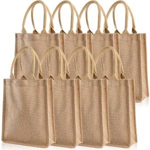 DEAYOU 8 Pack Jute Burlap Tote Bags, Burlap Gift Tote with Handles, Jute Beach Bags Reusable Lined Grocery Totes for Bridesmaid, DIY, Shopping, Pool, Wedding, 9.8''x11.8''x3.9'', Natural