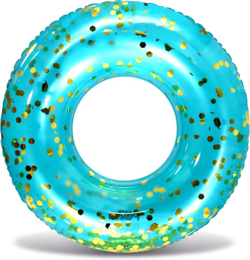 POZA Inflatable Pool Float Tube  Sparkly Confetti Swim Ring, Heavy Duty UV Resistant Inflatable Tube Pool Float for Kids & Adults  Multiple Colors & Sizes  Beach, Lake & Pool Party Float (36", Blue Gold)