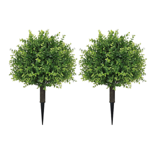 THE BLOOM TIMES Artificial Outdoor Plants, UV Resistant Fake Bushes & Shrubs with Ground Spike, Faux Boxwood Topiary for Front Porch Outside Planter Decor, Set of 2, Overall 24"