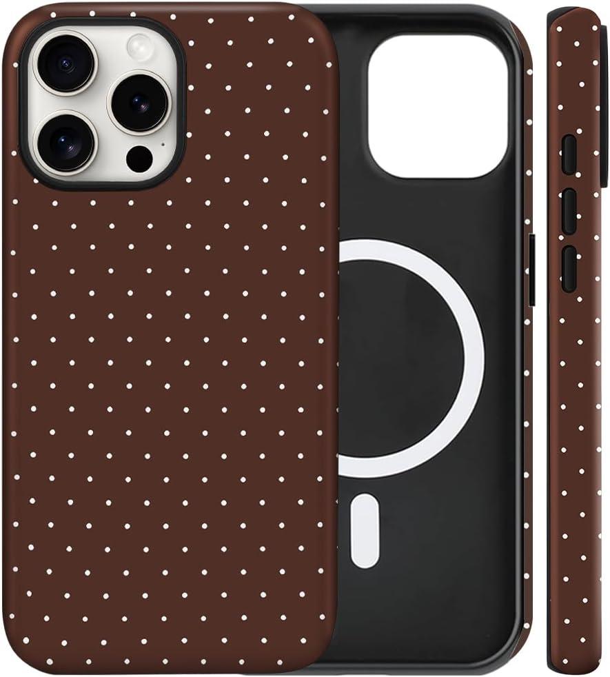 Magnetic for iPhone 13/14 Case Cute Polka Dot Phone Case, Shockproof Slim TPU and Hard PC Protective Phone Cover Compatible with MagSafe Designed for Women Girls, Brown