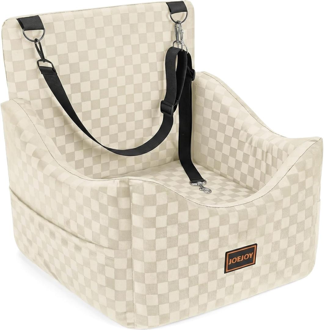 JOEJOY Elevated Dog Car Seat for Small/Medium Dogs up to 35 lbs, Memory Foam Booster Seat with Detachable Washable Cover, Travel-Safe Car Bed with Safety Belts & Storage Pockets, Beige