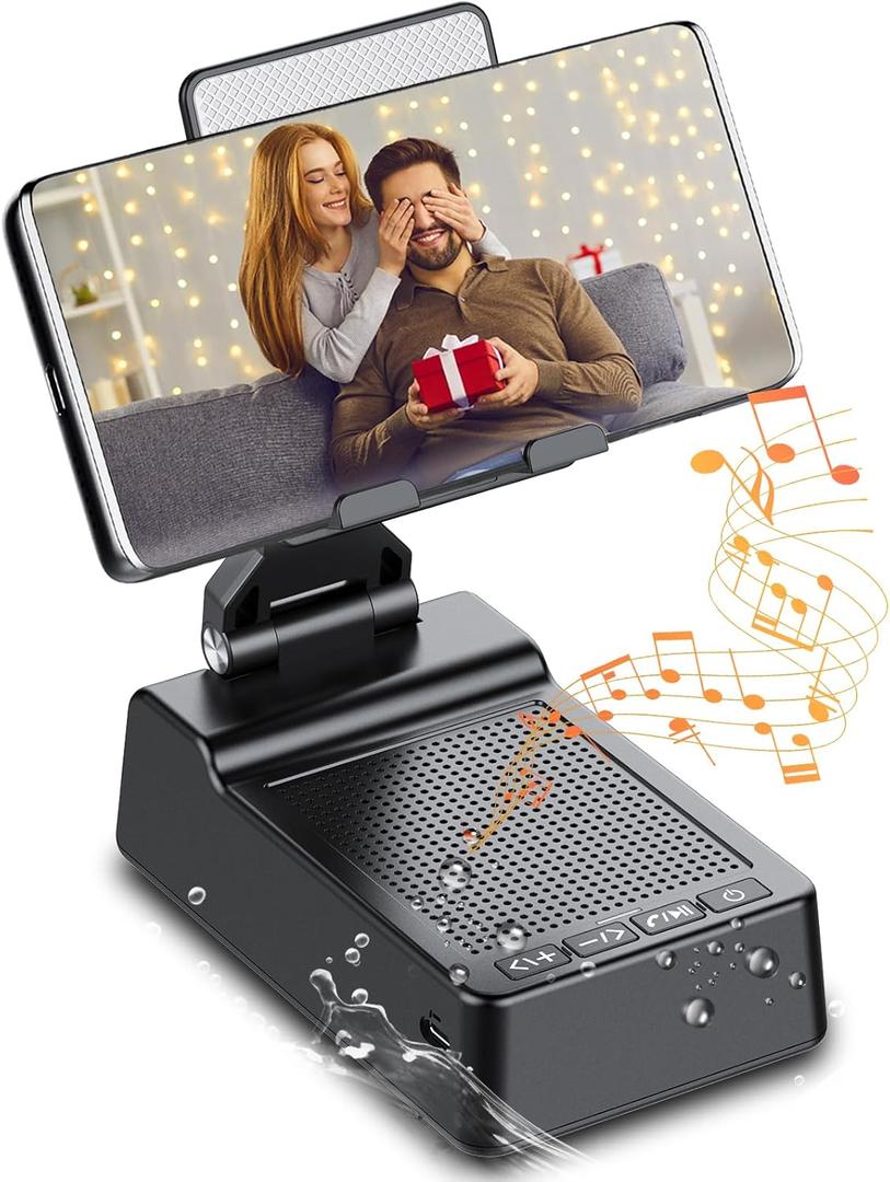 Multifunctional Phone Stand with Wireless Bluetooth Induction Speaker and Anti-Slip Base, Birthday Gifts for Men/Women, Gadgets for Anniversary Idea Gift, Stocking Stuffers for Lover (Black)