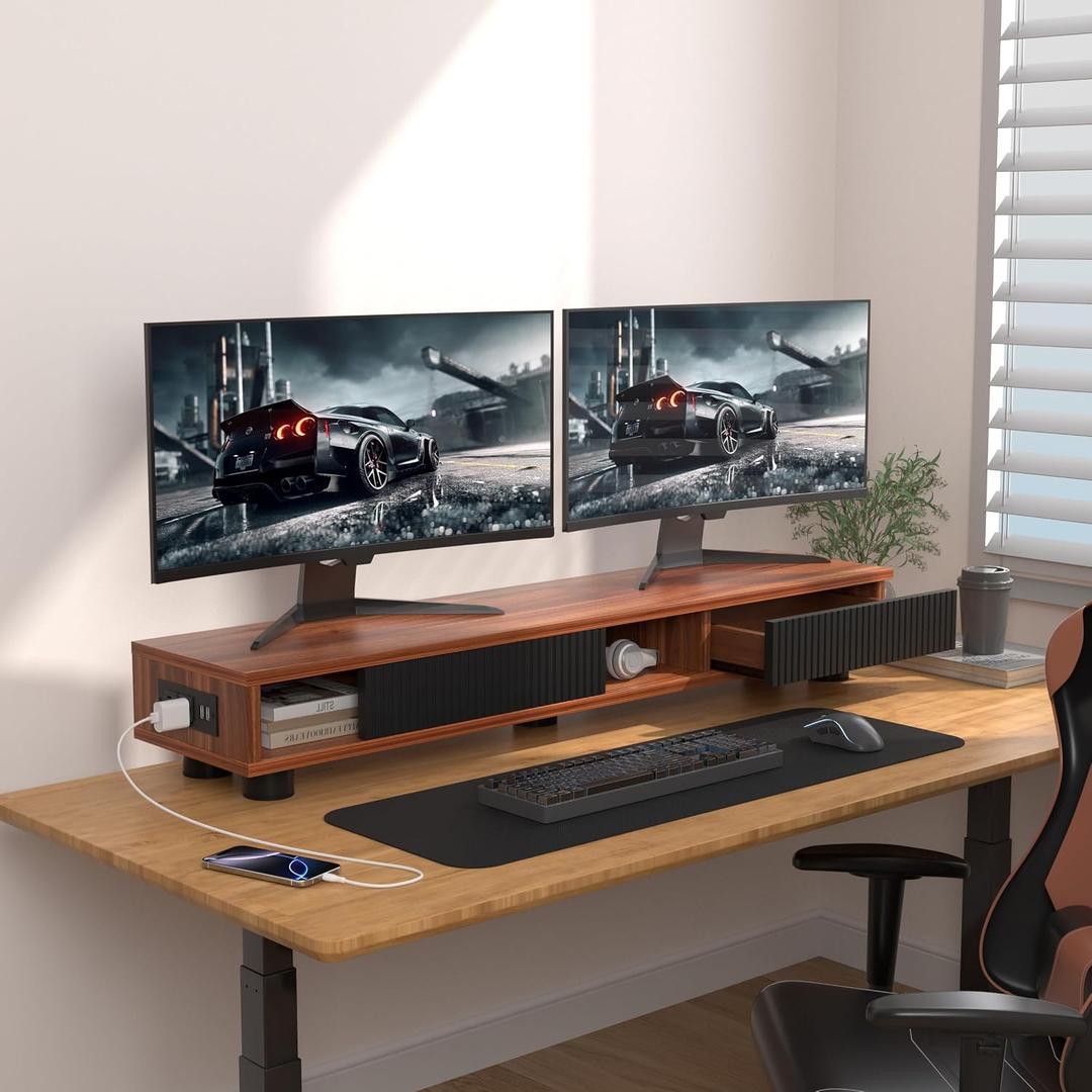 Artswish Dual Monitor Riser with Power Outlet, 42 Inch Wood Monitor Stand for 2 Monitors with Drawer Storage, Computer Monitor Stand Riser with Adjustable Feet, Double Monitor Stand Desk Shelf, Walnut