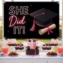 She Did It Grad Backdrop Black and Pink Graduation Decorations Banner Graduation Cap Diploma Sparkling Stars Photography Background for Class of 2026 Congrats Grad Party Decor Supplies 5 * 3ft