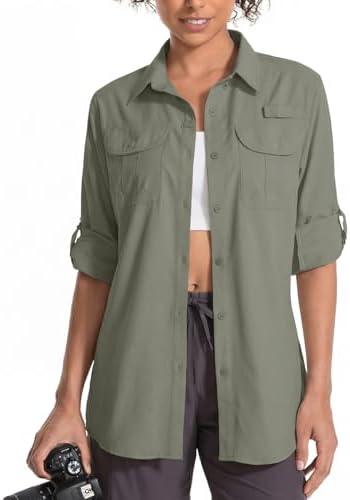 Womens UPF 50 Long Sleeve Sun Shirt Safari Hiking Fishing Quick DIY UV Protection Button Up Travel Shirt for Gardening M