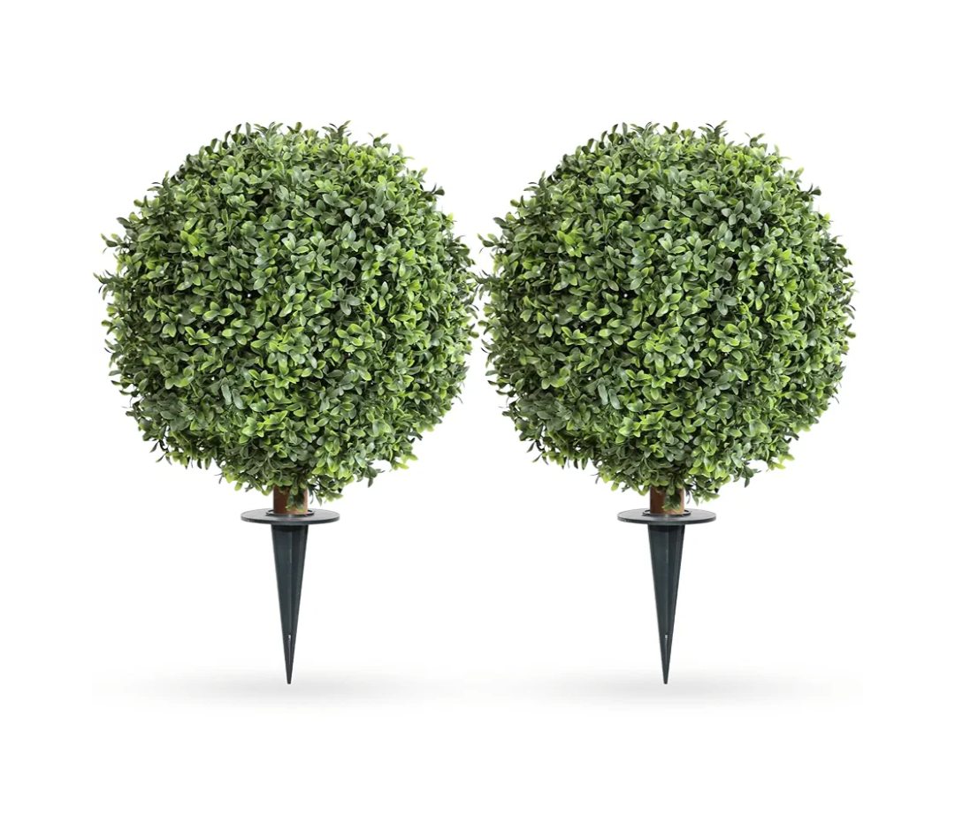 Artificial Boxwood Ball Bush with Spike, 24inch Faux Boxwood Topiary Ball Tree for Outdoor (2Pack)