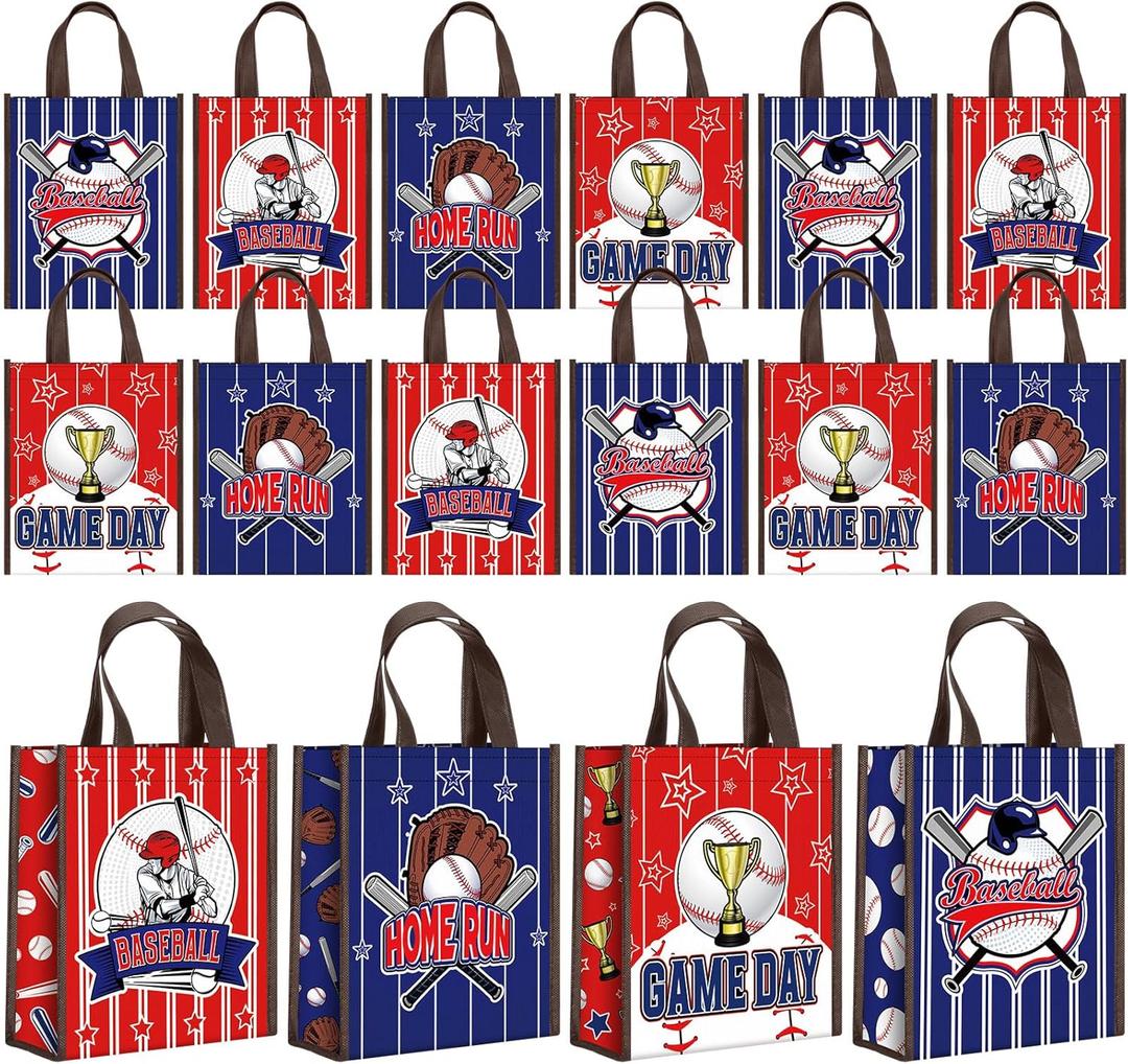 Estune 24 Pcs Baseball Party Favor Bags Baseball Gift Goodie Bags Treat Candy Non Woven Wrapping with Handles Tote for Sports Birthday Party Supplies Sports Theme Decorations