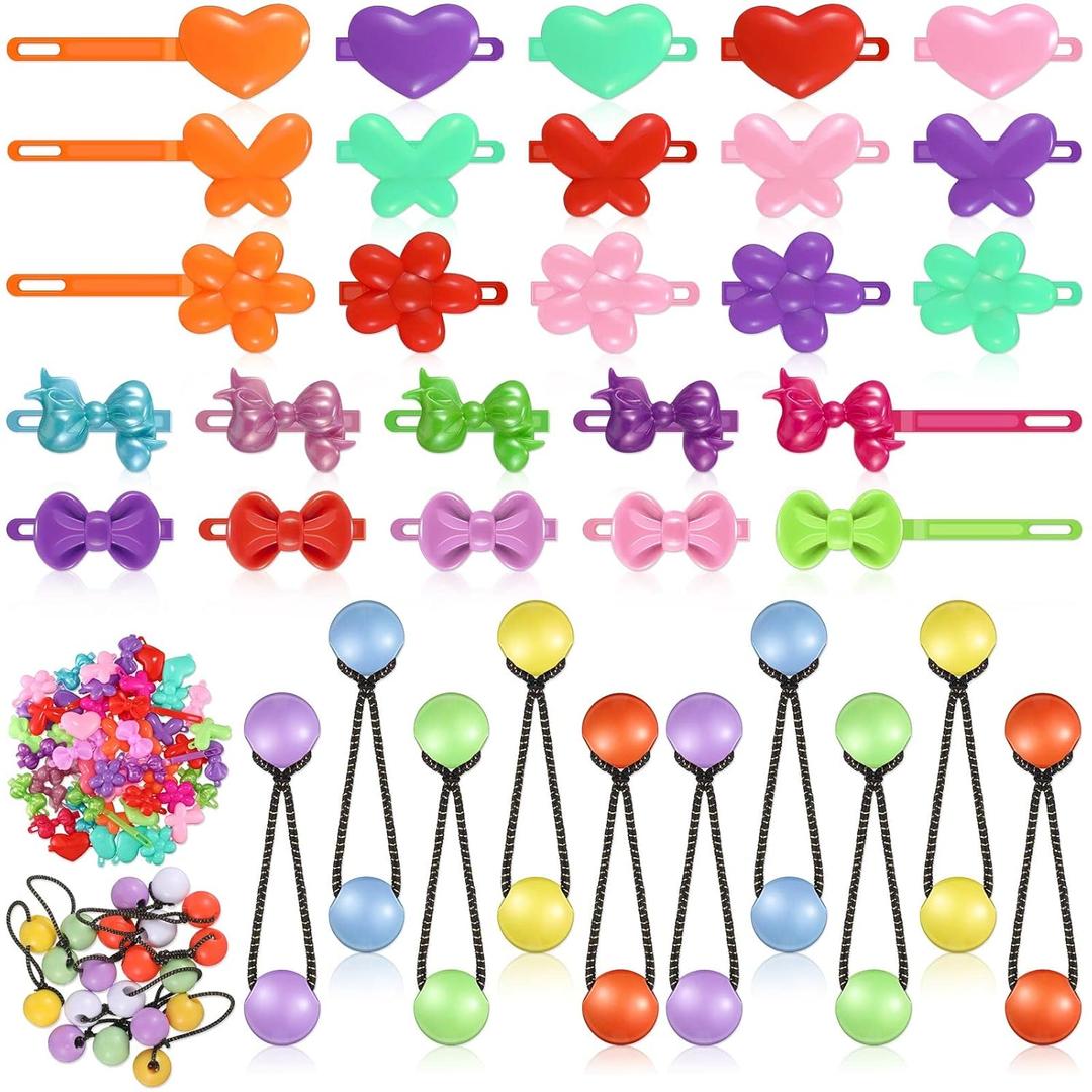 60 Pcs Hair Accessories Set - Plastic Self Hinged Barrettes, Elastic Ponytail Holders, Assorted Hair Clips for Girls and Toddlers (Cute Style)
