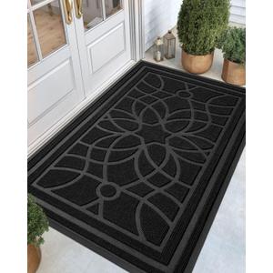 DEXI Front Door Mat Outside Entrance, Heavy Duty Non Slip Low Profile Doormat for Entryway, Trap Dirt and Moisture Welcome Mats, Easy Clean, Patio, Garage, 6x4, Black