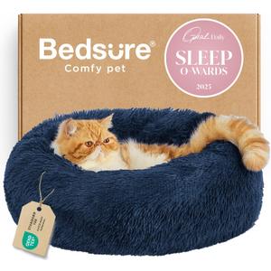 Bedsure Calming Cat Beds for Indoor Cats - Small Cat Bed Washable 20 inches, Anti-Slip Round Fluffy Plush Faux Fur Pet Bed, Fits up to 15 lbs Pets, Navy