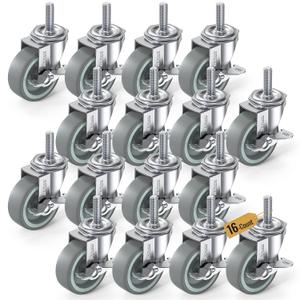 HOLKIE Caster Wheels 3 inch Locking Casters Set of 16, Threaded Stem 3/8" -16 x 1-1/2" (Diameter 3/8", Length 1-1/2") Swivel Heavy Duty Castors Gray
