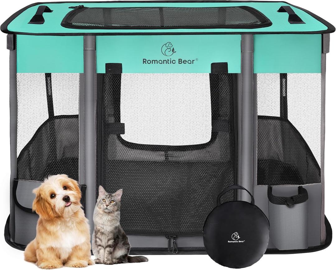 Dog Playpen,Pet Playpen,Foldable Puppy Cat Playpen,Portable Exercise Kennel Tent Crate,Water-Resistant Breathable Shade Cover, Indoor Outdoor Travel Camping Use for Small Animals with Carrying Case(S) (Green)