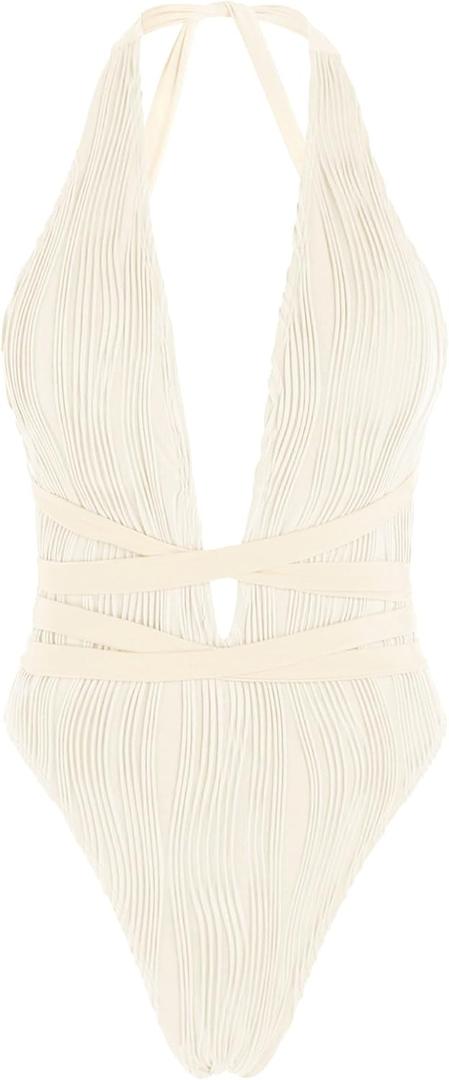ZAFUL Women Plunging One Piece Swimsuit Backless Cross Tie High Cut Thong One-Piece Bathing Suit (Small, 3-beige)