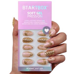 BTArtbox Press On Nails Short - 3D Gold Sculpting Almond Press On Nails with Glue for Women, Opaque Soft Gel Glue On Nails in 16 Sizes - 32 Stick On Nails Kit, Metalhead