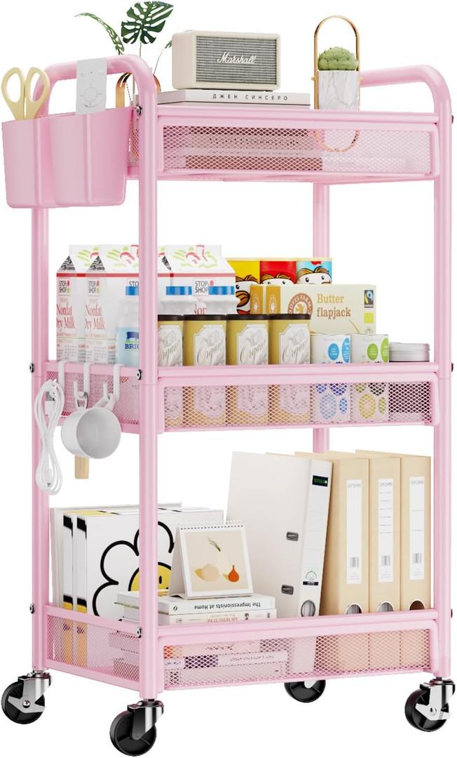 YASONIC 3 Tier Rolling Cart  Metal Utility Storage Cart with Wheels, Craft Cart Organizer with Hanging Cups, Hooks, Mesh Basket for Bedside Kitchen Office Art, Pink