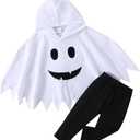 Noubeau Toddler Baby Boys Girls Halloween Costume Ghost Cloak Hooded Top Black Pants Boo Spooky Ghost Costume Cosplay Clothes (2-3 Years, White)