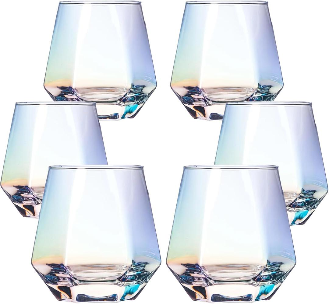 BACLIFE Hand Blown Stemless Wine Glasses Set of 6, 10 oz Crystal Red Wine Glass Premium Iridescent Diamond Shaped Drinking Glasses in Gift Box Unique Gift for Wedding, Anniversary, Mother's Day