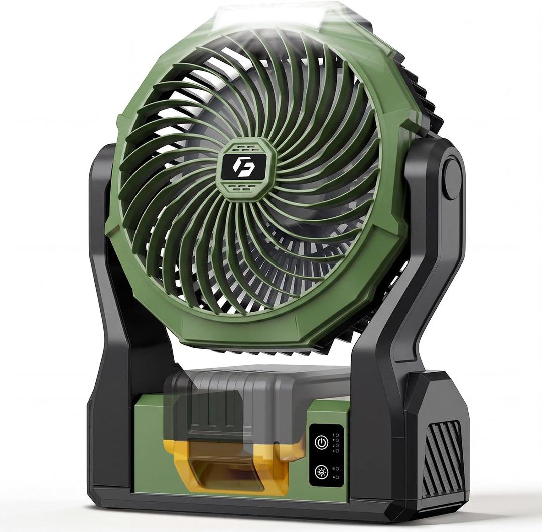 Battery Operated Fan for Dewalt 20V Max Battery, 5.7m/s High Speed Rechargeable Portable Fan with USB Powered & 4 Speed & 2 Light for Camping, Workshop, Garage, Jobsite (Not Included Battery) - Green