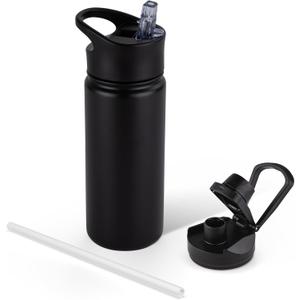 16 oz Insulated Water Bottle for School, Straw & Spout Lid, Keep Cold 24H, Spill Proof, BPA-Free, Double Wall Stainless Steel Kids Water Bottles for Sports, Gym, Travel, Black