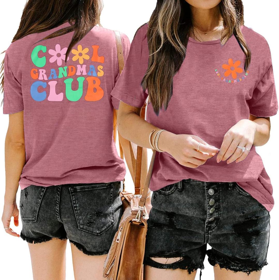 Grandma Shirt Woman Cool Grandma Club T-Shirt Floral Graphic Tee Nana Gifts Shirts Funny Letter Print Tops (S)