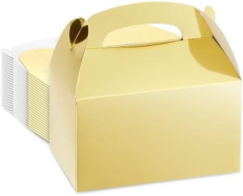 Juvale 24 Pack Metallic Gold Gable Boxes - Sturdy 300 GSM Cardstock Metallic Treat Bags - Customizable Gold Party Favors with Handles - Mini Gift Boxes for Favors, 6.2 x 3.5 x 3.6 in