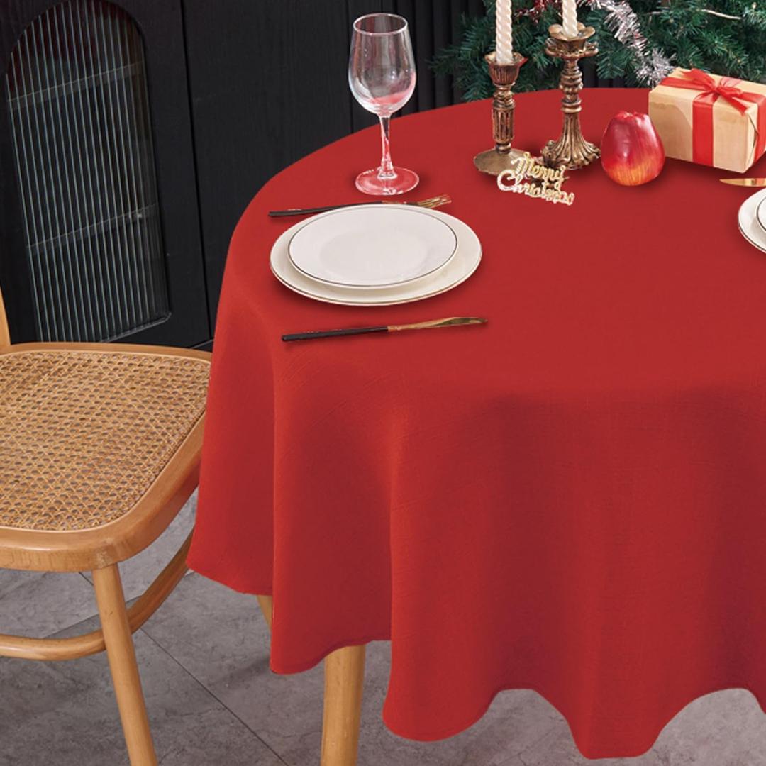 NLMUVW Red Linen Tablecloth Round, Christmas Table Cloth Water Resistant Textued Table Cover for Kitchen Dining Coffee Party, 48 Inch