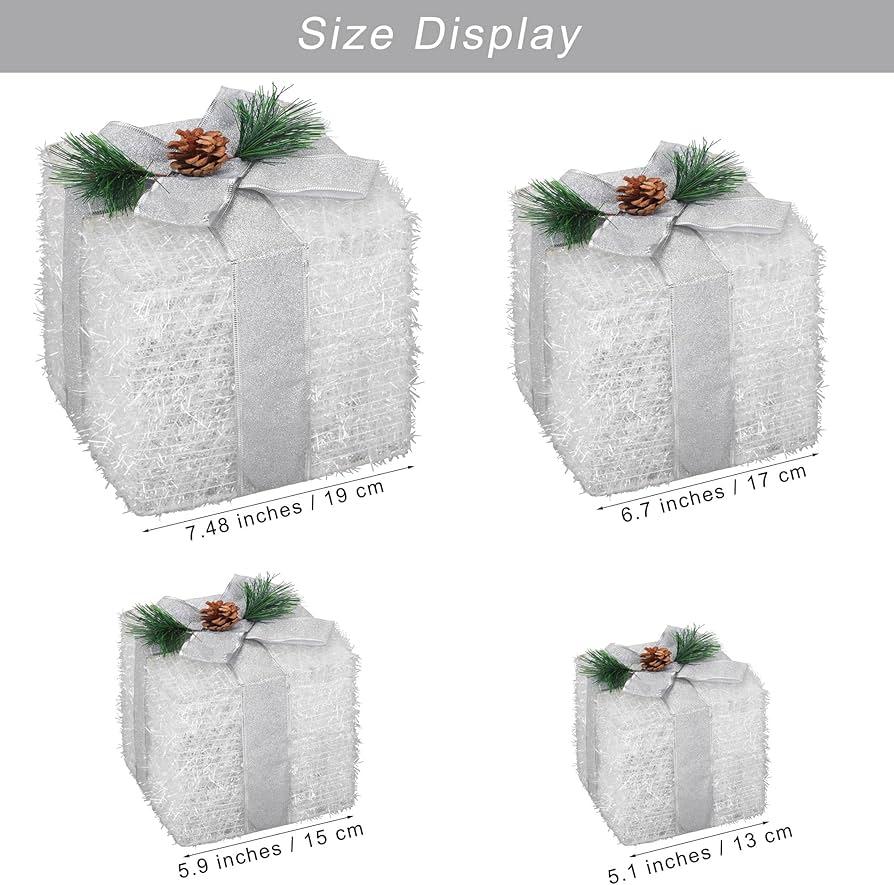 Lighted Gift Boxes Set of 4,Pre-lit LED Light Up Christmas Boxes Present Boxes Ornament for Tree,Outdoor Tinsel Boxes Decoration for Indoor Christmas Home Yard Lawn Decor (White)