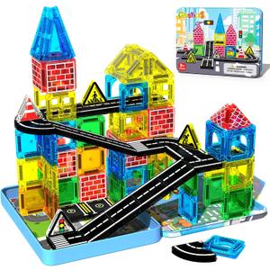 Mini Magnetic Tiles Road Set, STEM Building Toys for Kids Ages 3-8 | Screen-free Travel Toys, Preschool Magnetic Building Blocks, Birthday Gifts for Boys Girls 3+