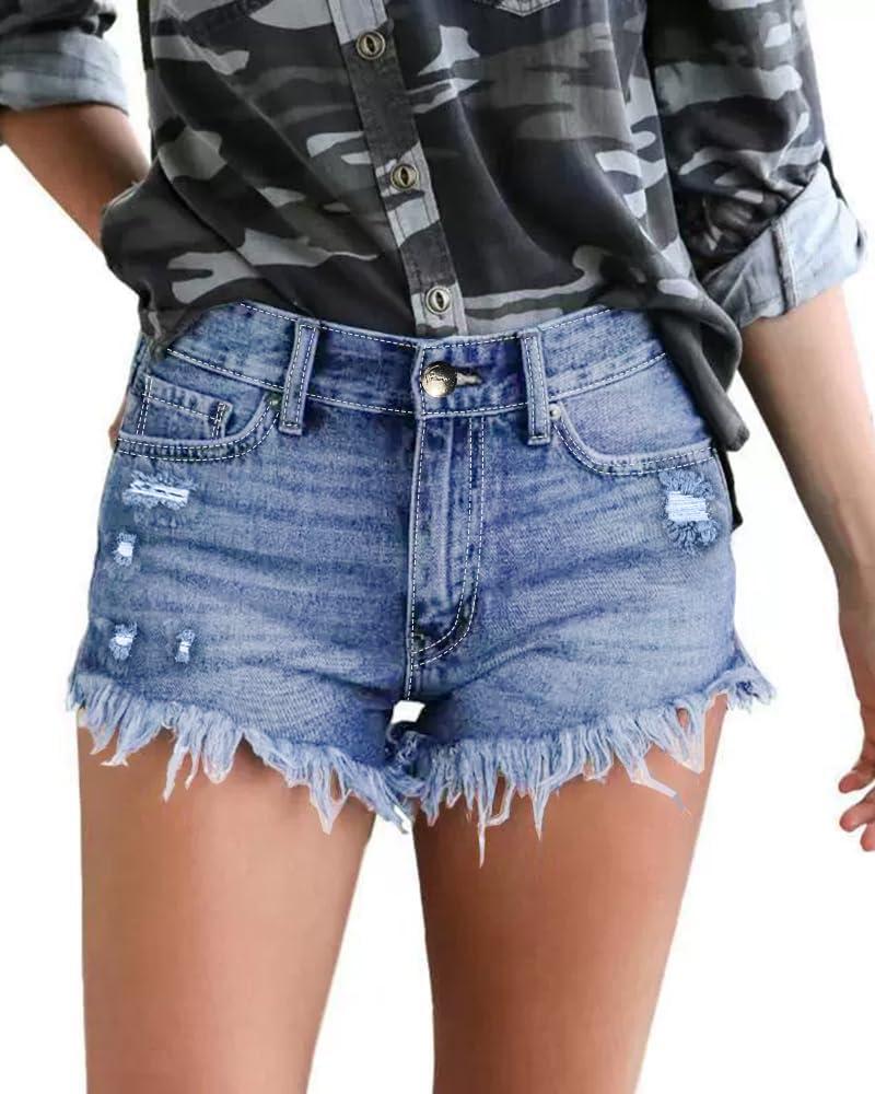 Women's Sexy Stretchy Fabric Hot Pants Distressed Denim Jean Shorts (L)