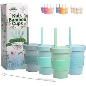 Grow Forward Bamboo Kids Cups with Lids and Straws - 10oz Drinking Cups for Kids with Childproof Twist Lids & Silicone Straws - Eco Friendly, BPA Free, Non Toxic & Dishwasher Safe - Rainforest