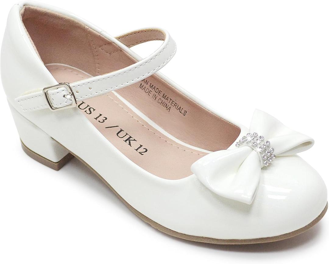 LseLom Girls White Dress Shoes Mary Jane Shoes for Girls Low Heel Hook and Loop Bowknot Flats for School Wedding Party (2 Big Kid)