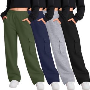 LessonZoo 4 Pack Girl's Wide Leg Sweatpants with Cargo Pockets Baggy Elastic High Waist Pants Kids Casual Athletic (Army Green, Navy, Light Heather Gray, Black, 13-14 Years)