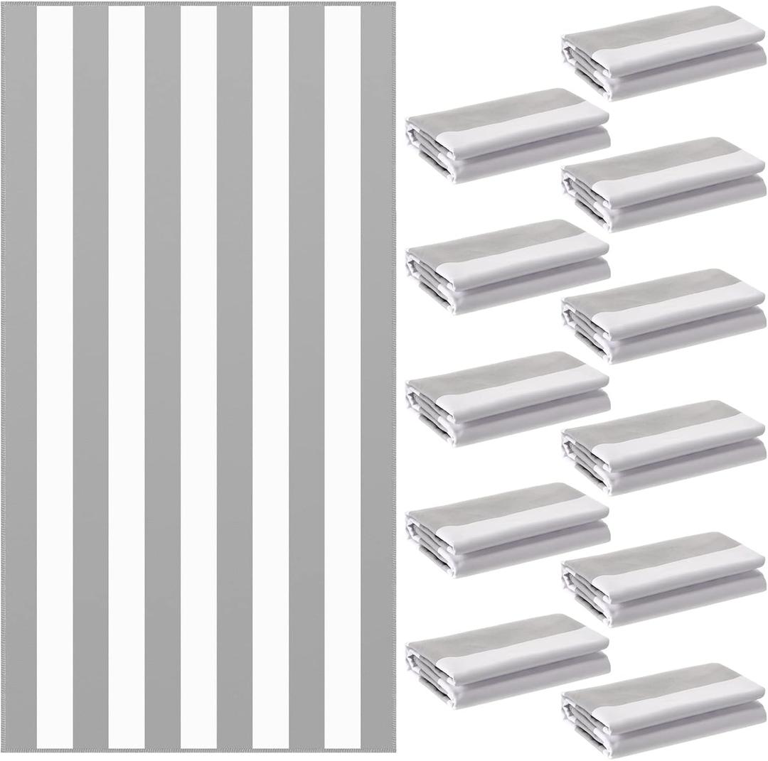12 Pcs Oversized Microfiber Beach Towel Set 63''x32'' Extra Large Quick Dry Lightweight Thin Sand Free Cabana Pool Towels Bulk for Adults Travel Swim Camping Yoga Gym Sports Gift(Grey Striped)