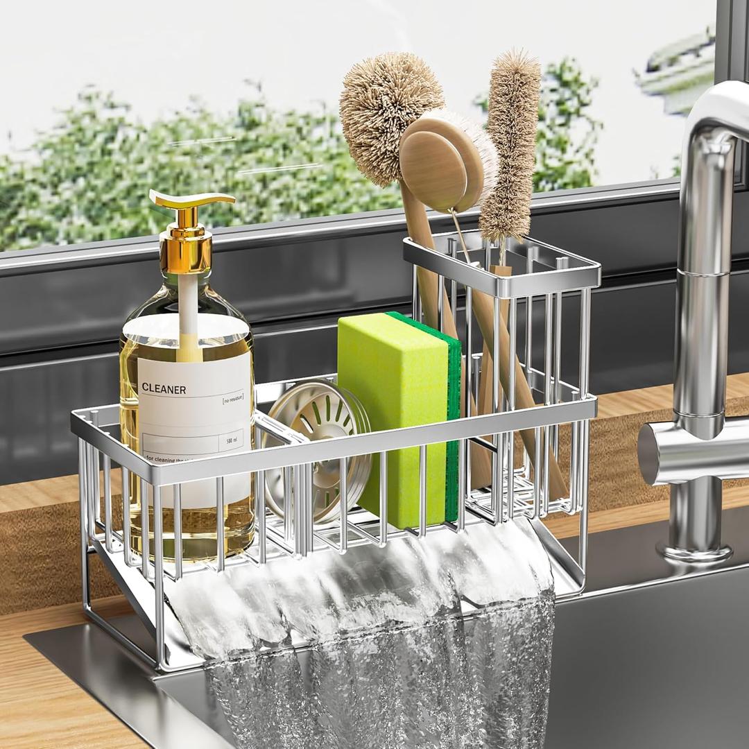 Cisily Sink Caddy Sponge Holder for Kitchen, 304 Stainless Steel Rustproof, Kitchen Sink Caddy with High Brush Holder, Dish Sponge Organizer with Divider(Silver) (9.25)