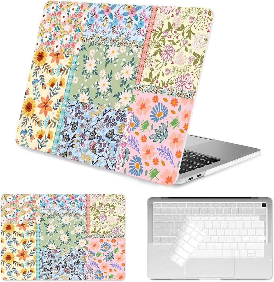 Seorsok Compatible with MacBook Air 13 Inch Case 2022 2021 2020-2018 Release A1932 A2179 M1 A2337 Touch ID,Colorful Blooming Flower Plastic Hard Shell Case with Keyboard Cover,Pink Floral