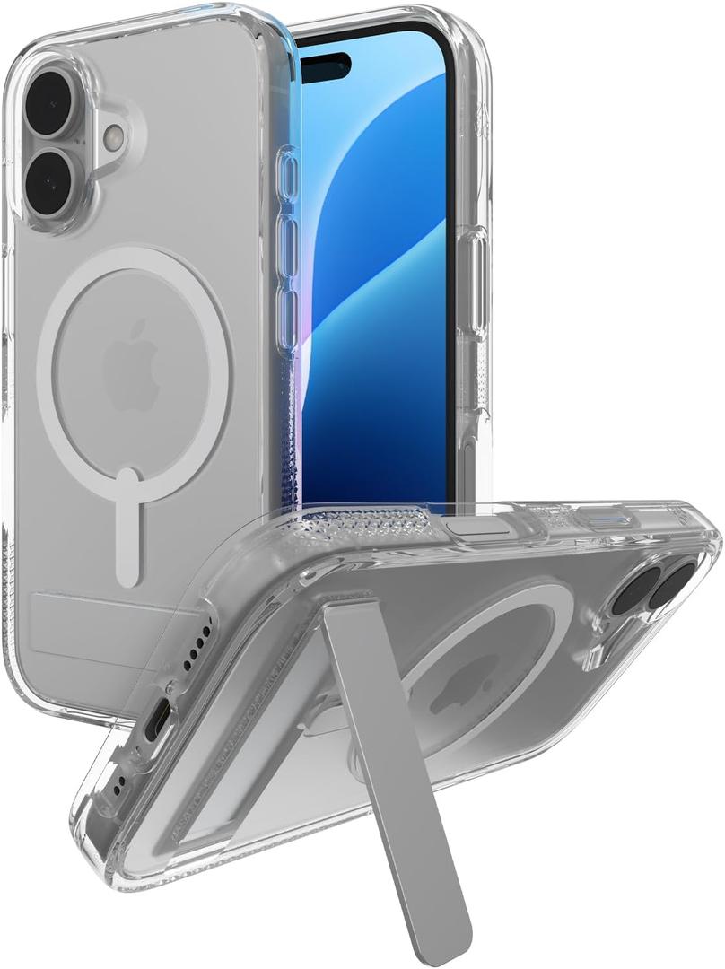ZAGG Crystal Palace Snap with Kickstand Case for iPhone 16 - MagSafe & Wireless Charging Compatible, Survives Drops Up to 13ft, Textured Grip, Eco-Friendly, Clear