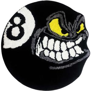 Angry 8 Ball Rug, 24" Cool Rugs for Bedroom Men, Black Round Area Rug for Man Cave, High-Pile Flocking Soft Aesthetic Carpet for Living Room Decor, Hypebeast Room Decor