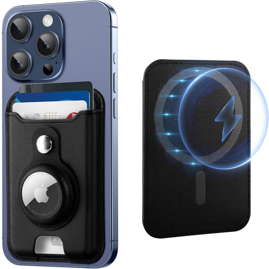 TopMade for Magsafe Wallet with AirTag Holder, Magnetic Card Holder for iPhone 17, iPhone 16/15/14/13/12 Series, Leather Magnetic Phone Wallet with Powerful Magnet, RFID Blocking, Fit 4 Cards, Black