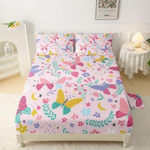 QOOMO Colorful Butterfly Kids Sheet Set, Pink Floral Kawaii Queen Bed Set for Girls,Cartoon Animals Print Soft Breathable Bedding Sets Cute Room Decor, 1 Fitted Sheet, 1 Flat Sheet, 2 Pillow Cases